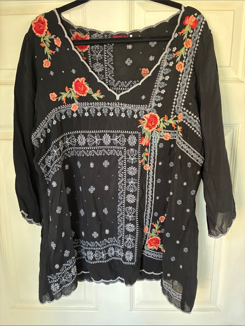 Johnny Was- Black Embroidered V-Neck Women's Tunic Top with Floral Accents